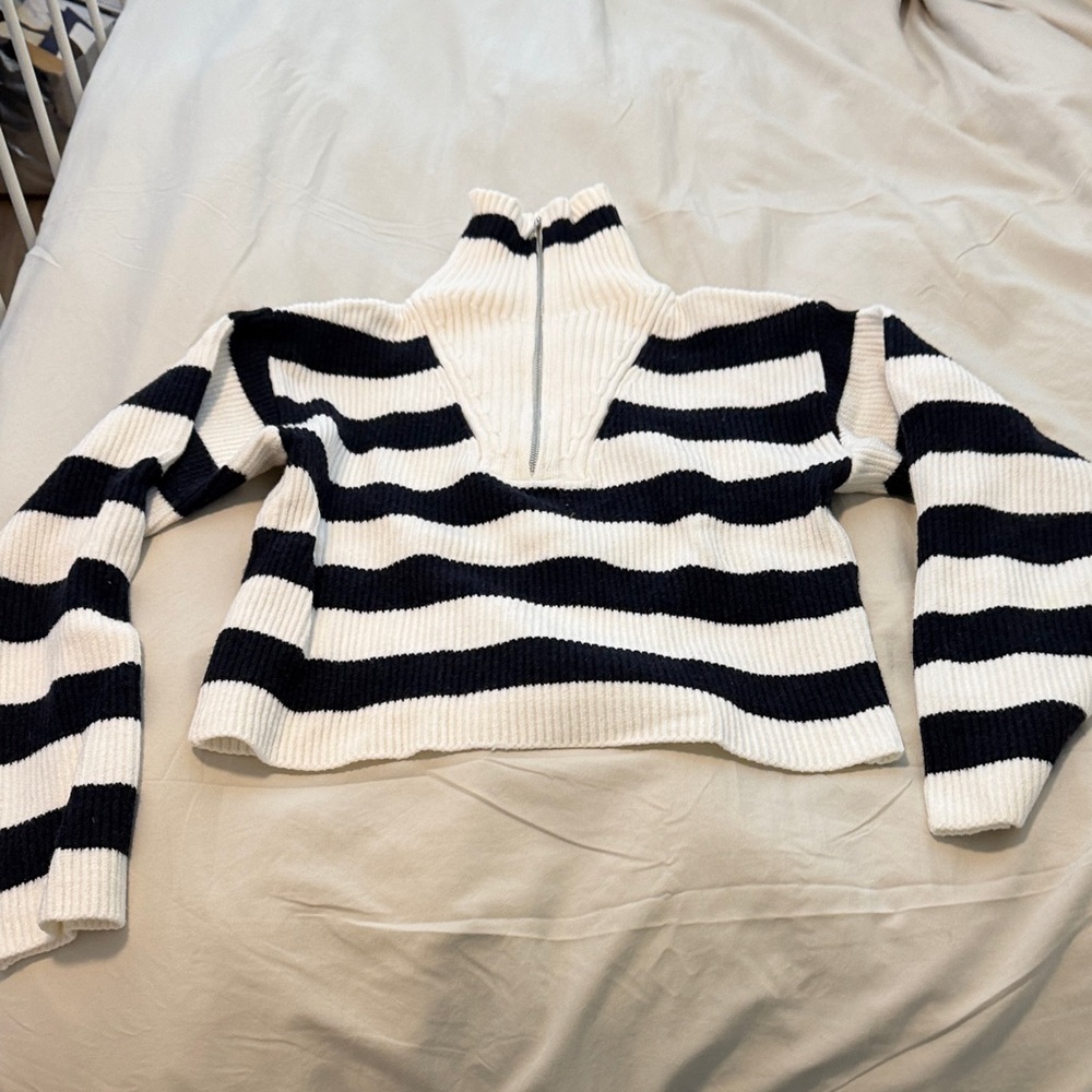 Mango Black and White Striped Turtleneck Sweater